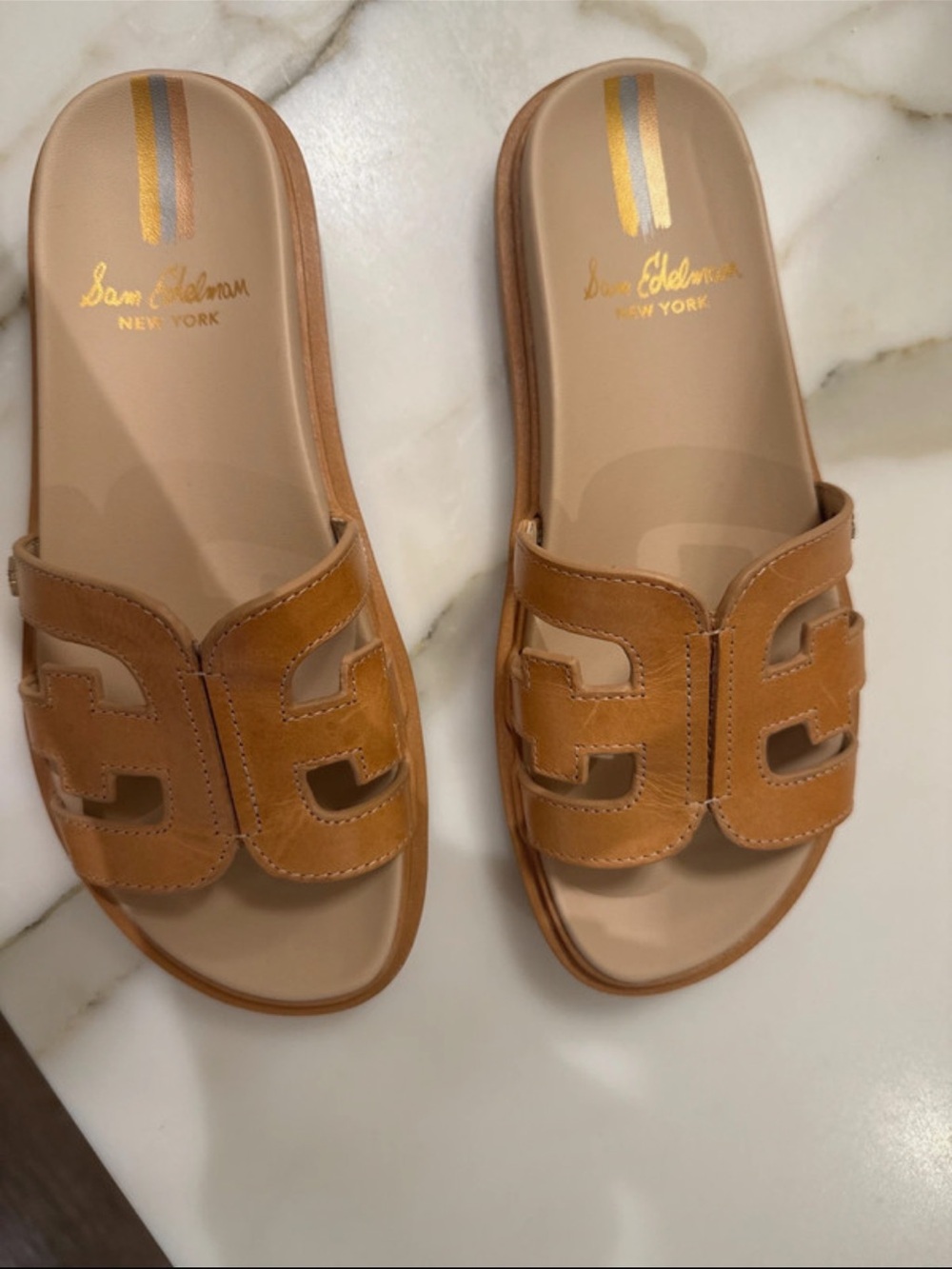 Sam Edelman Tan Leather Cutout Slide Sandals